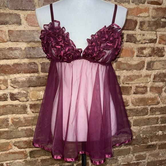 Frederick's of Hollywood Other - Frederick's Of Hollywood VTG Sheer Chiffon Lace Babydoll 80s Maroon Sz S Ribbon
